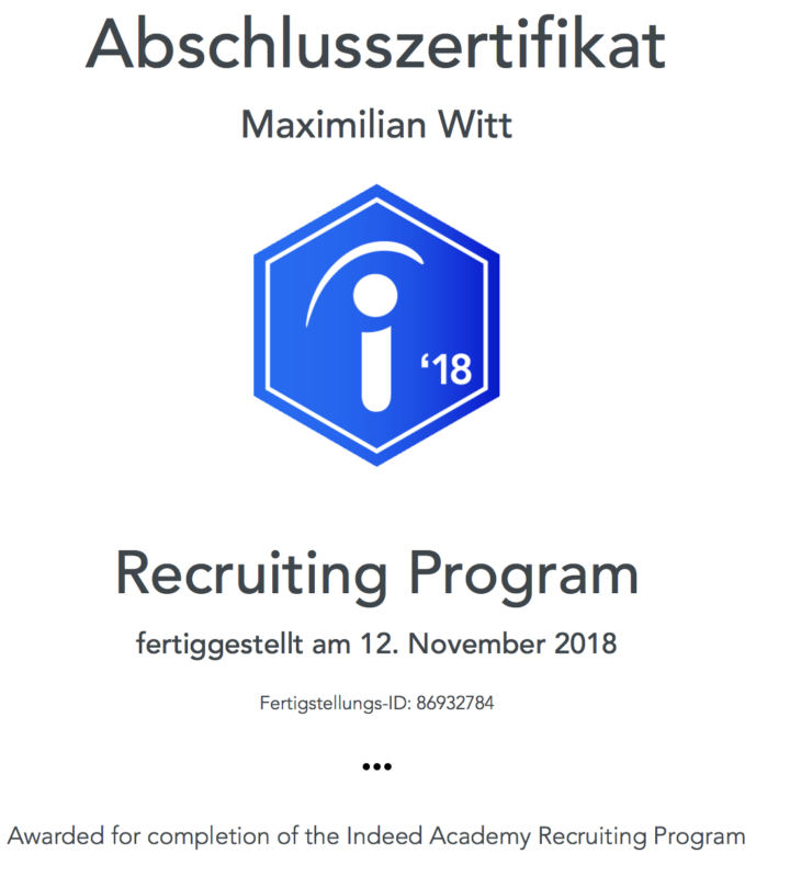 Abschlusszertifikat - Indeed Academy - Recruiting Program